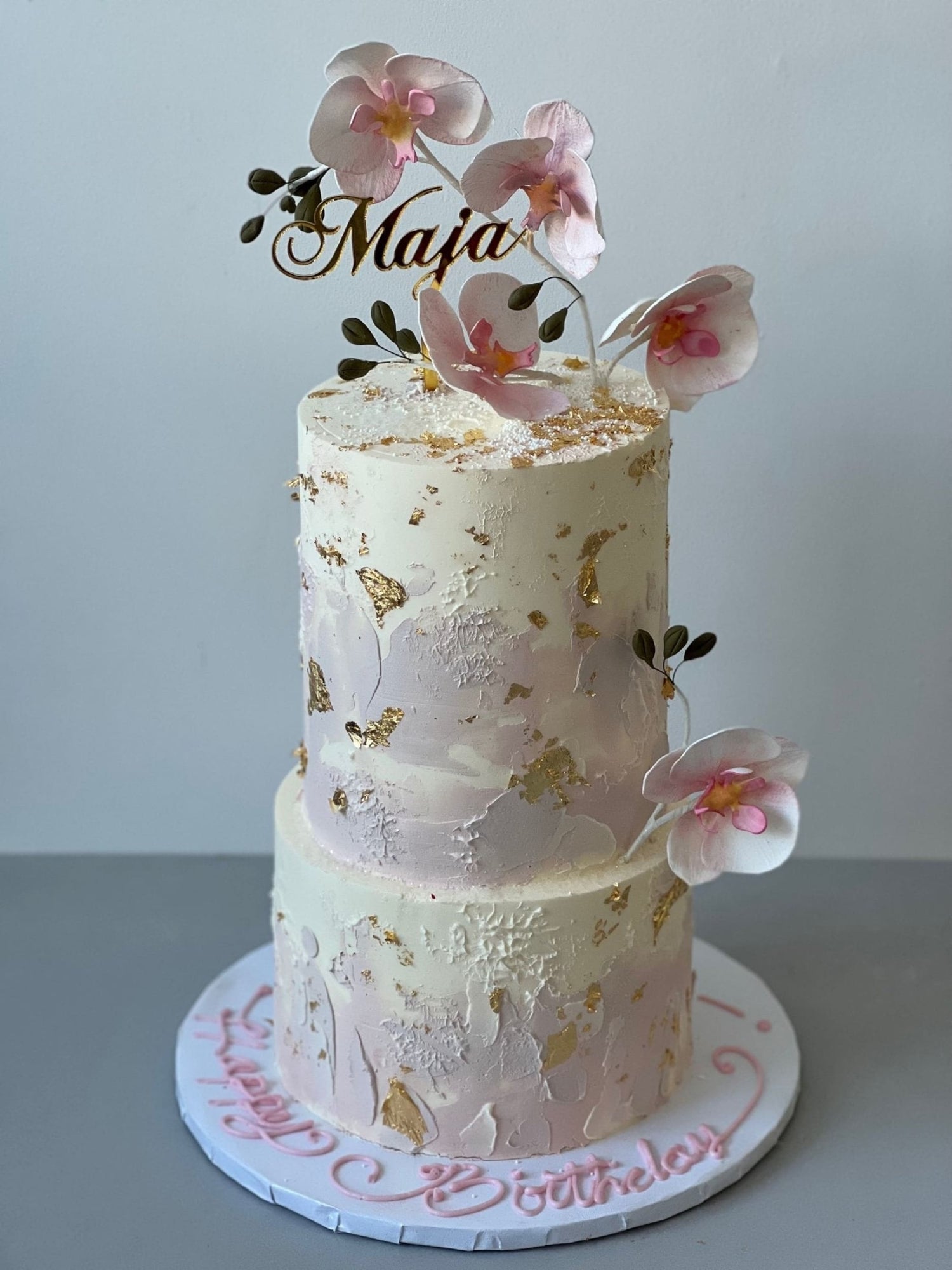Sugar orchid stem on buttercream - custom cake