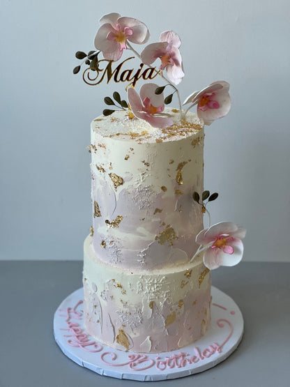 Sugar orchid stem on buttercream - custom cake