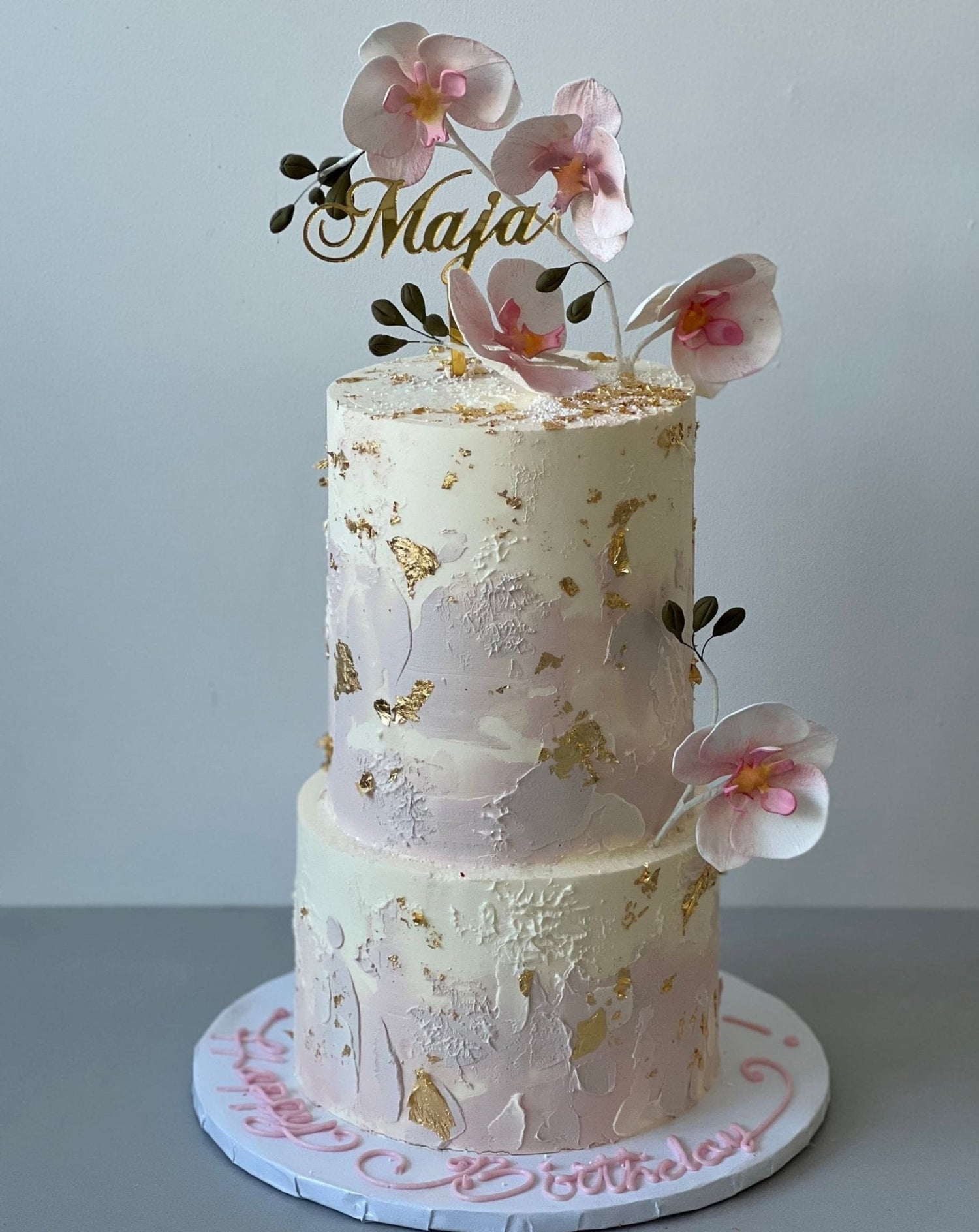 Sugar orchid stem on buttercream - custom cake