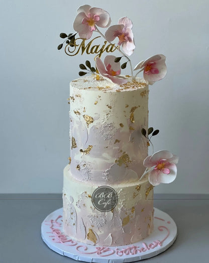 Sugar orchid stem on buttercream - custom cake