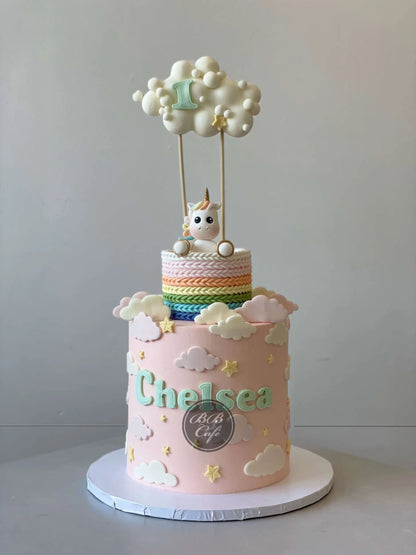 Unicorn in cloud-hot air balloon - custom cake