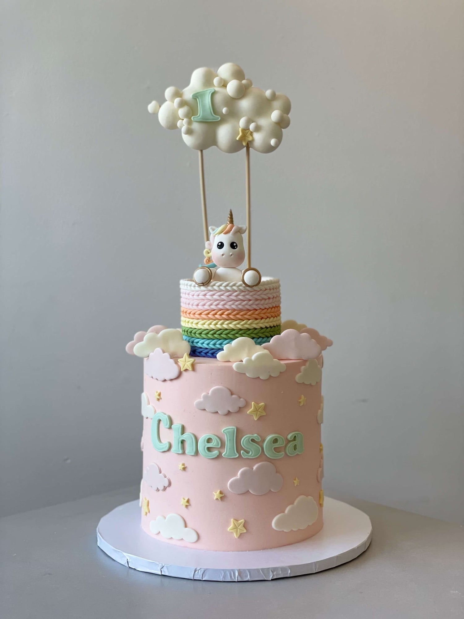 Unicorn in cloud-hot air balloon - custom cake